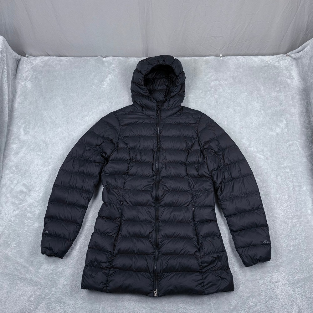 Eddie Bauer CirrusLite EB650 Down Jacket Womens Small Black Hooded Puffer Parka